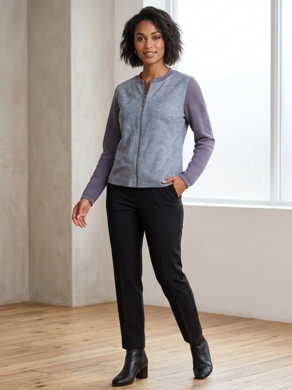 Sioni Gray Suede-Look Zip Front Jacket with Blue Knit Sleeves